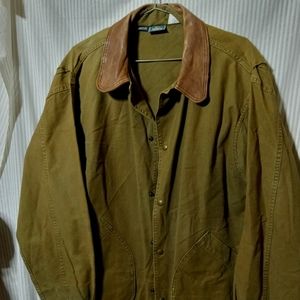 VINTAGE WOOLRICH AZTEC TRUCKERS CANVAS COAT SZ LARGE LEATHER COLLAR
